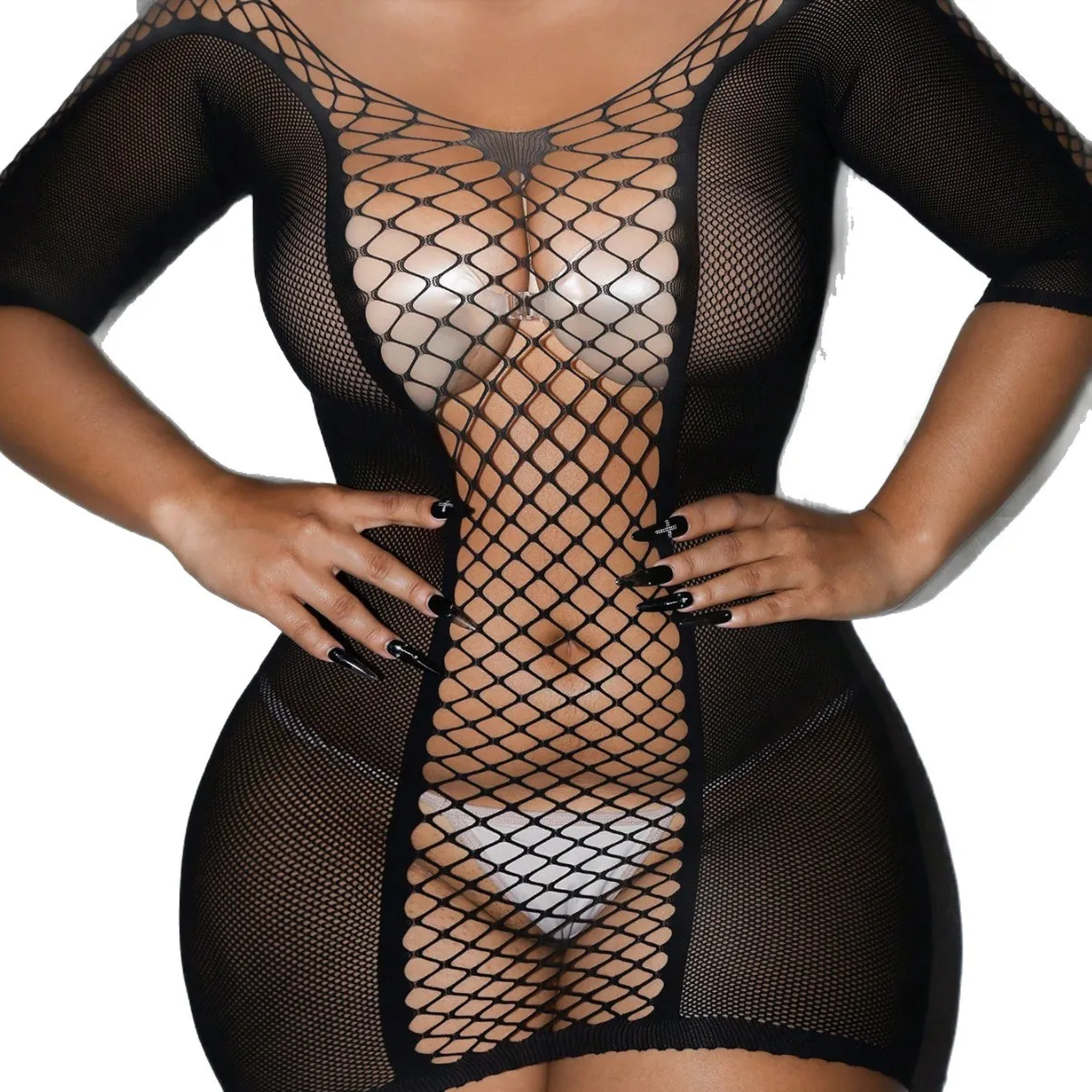 Halloween sexy lingerie sexy mid-sleeve one-piece fishnet bodysuit hip-hugging short skirt fishnet see-through hollow-out HF2K