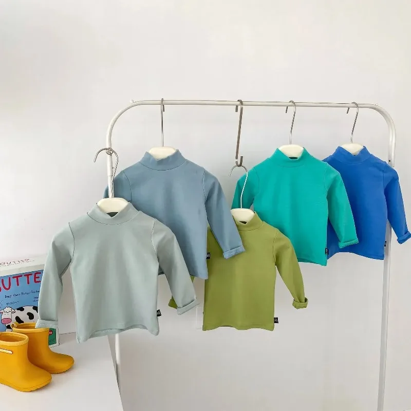 Boys and Girls T-Shirt Long-sleeved Top Tees Toddler Solid Color Sweatshirts 2025 Spring Autumn Children\'s High Collar Clothing