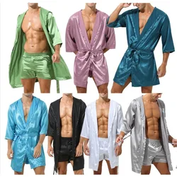 Mens Robe Sets Loungewear Open Front Hooded Night-robe Satin Sleepwear Belted Kimono Half Sleeve Bathrobe Nightwear Pyjama