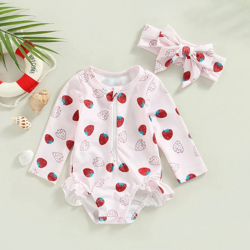 Set di costumi da bagno per bambina carina con tuta con cerniera con stampa di fragole, costume da bagno da spiaggia con fascia abbinata