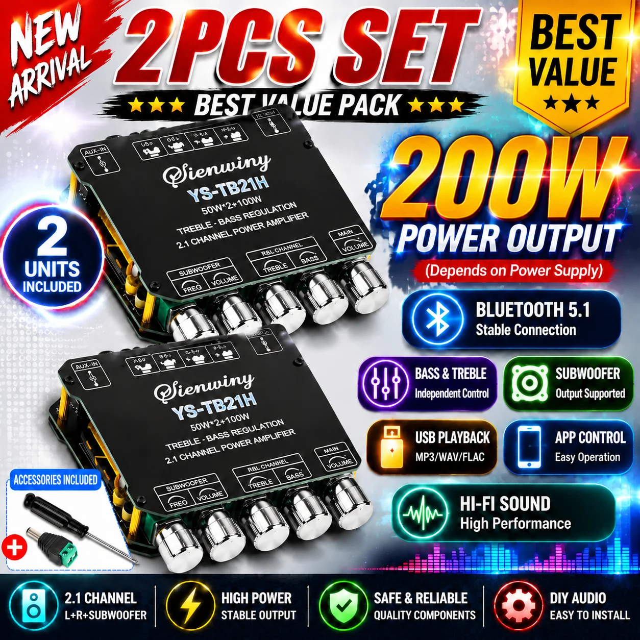 1/2PC Sienwiny YS-TB21 TB21H Placa Amplificadora Bluetooth 2.1 Canais Classe D 50W*2+100W Subwoofer Graves Agudos USB APP MIC KTV 12-24V HiFi DIY para Caixa de Som