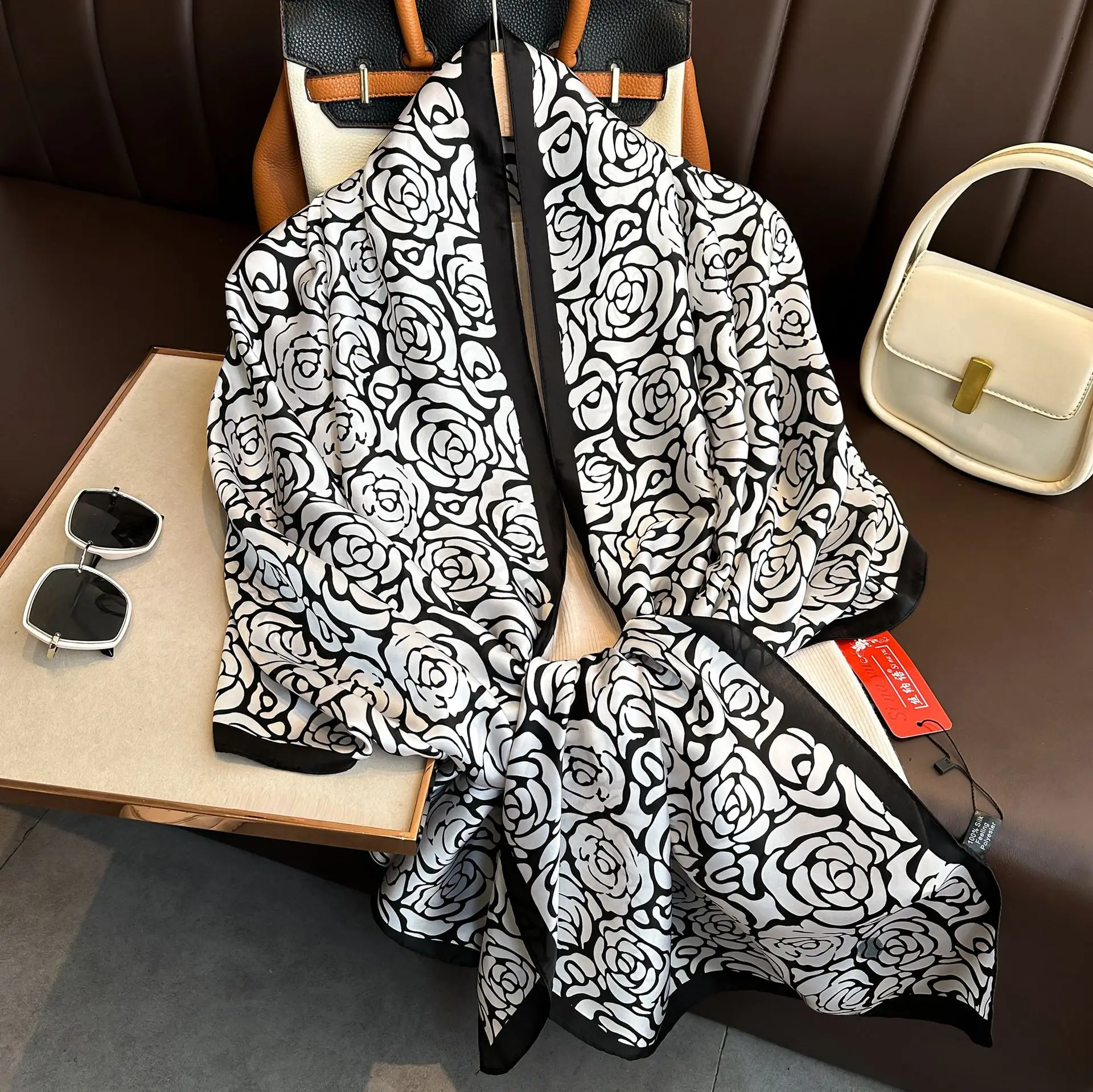 

Luxury Flower Print Silk Scarf Big Shawl Women Soft Satin Long Scarf Popular Silk Headscarf Lady Sunscreen Beach Quality Shawl
