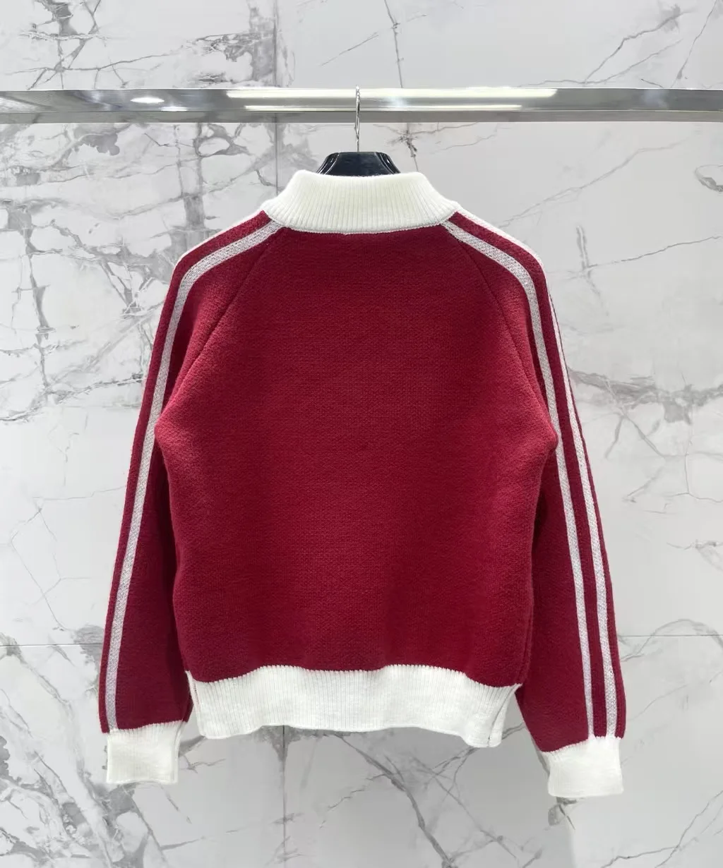Autumn and winter new street style stand up collar embroidery contrasting color zipper knitted wool jacket women's top jacket