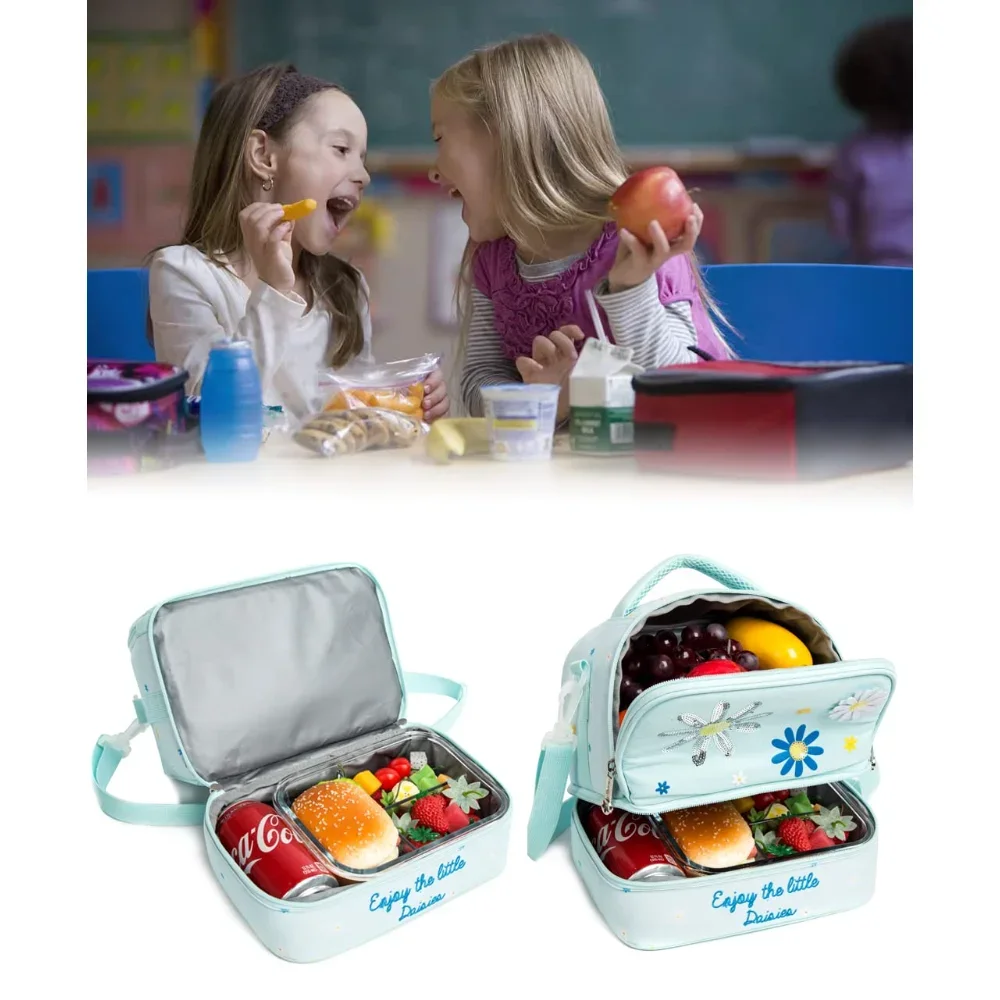 Gsequins Kids Lunch Bag Insulated Bento Cooler Bag Two Compartments Cooler for Boys and Girls with Adjustable Strap Travel Lunch