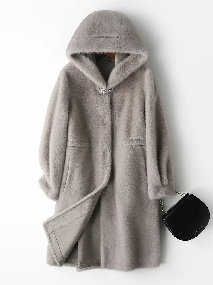 Haining Sable Fur Fur Outerwear Women Mid-Length Hood Waist Hugging Mother Plus size Imitation Mink Fur Integrated Coat