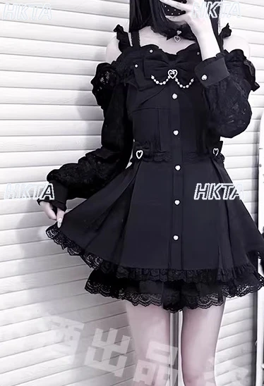 Japanese Y2k Subculture Dark Autumn New Sweet Elegant Lace Bow Long Sleeve Off Shoulder Black Dress Shorts Lolita Sets Women