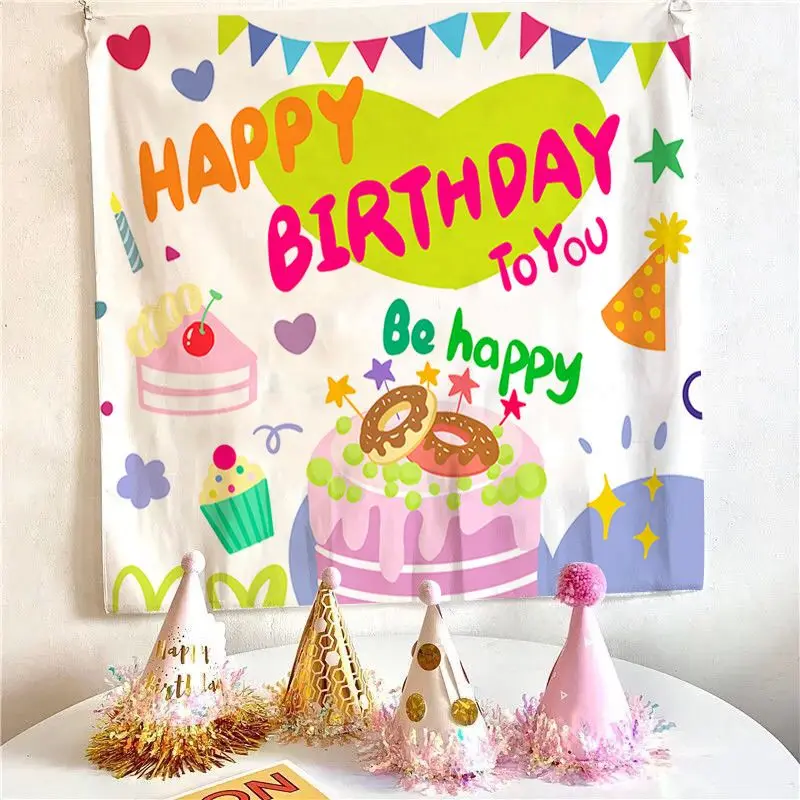 VIKAMA Cartoon Character Strawberry Cake Birthday Tapestry, Happy Birthday Wall Hanging for Bedroom Living Room Decor