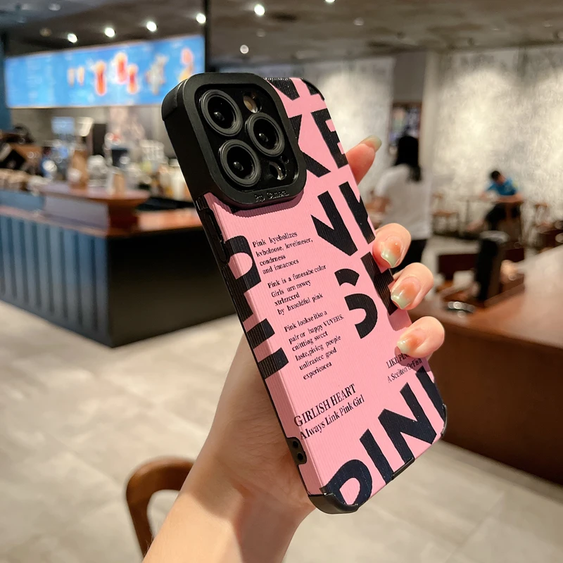 Fashion Black Letter Love Heart Pink Soft Phone Case For iPhone 15 14 13 12 11 Pro Max X XR XS Max 7 8Plus 15 14Plus 12 13Mini