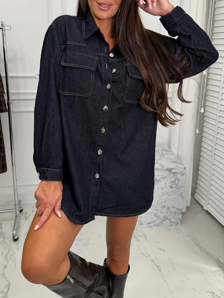 Women Fashion Button Solid Jackets Elegant Turned-down Collar Loose Denim Coat Autumn Winter Casual Long Sleeve Washed Outercoat
