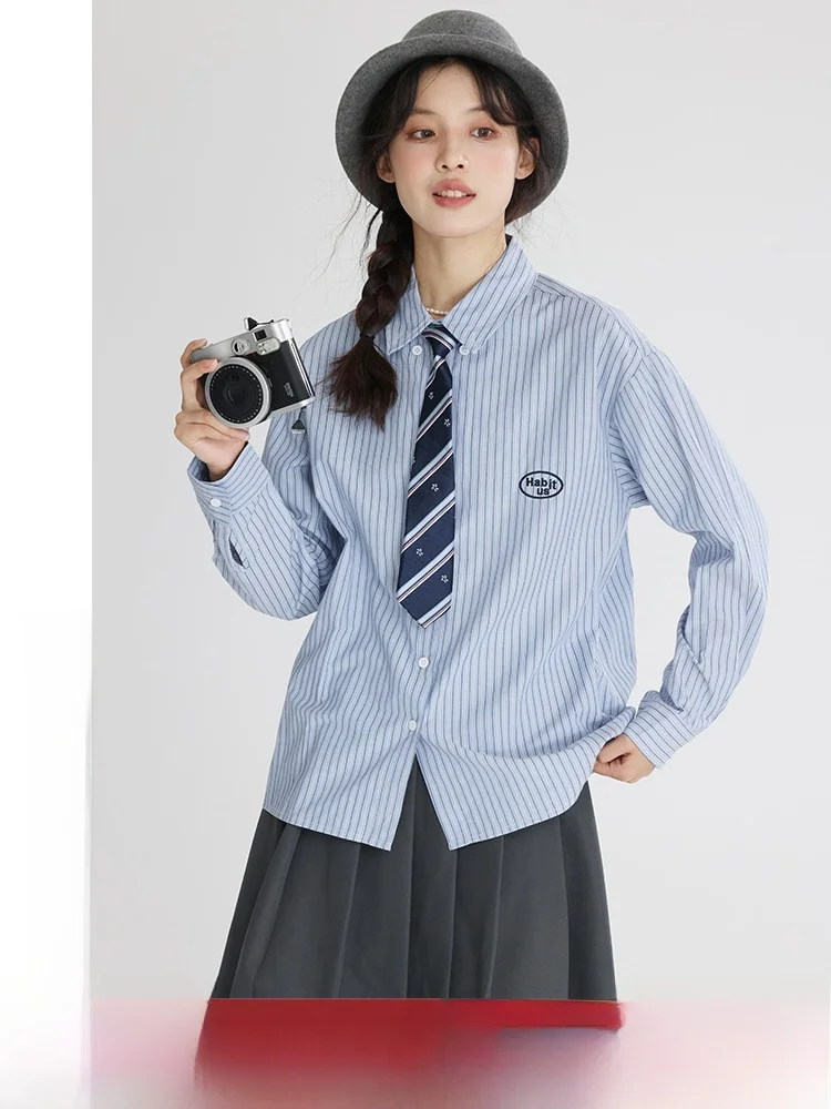 

Autumnal College-Sle Women's Striped irt Versatile Basic Layering Top Straight Cut Long Sve Collar Polyester Blend