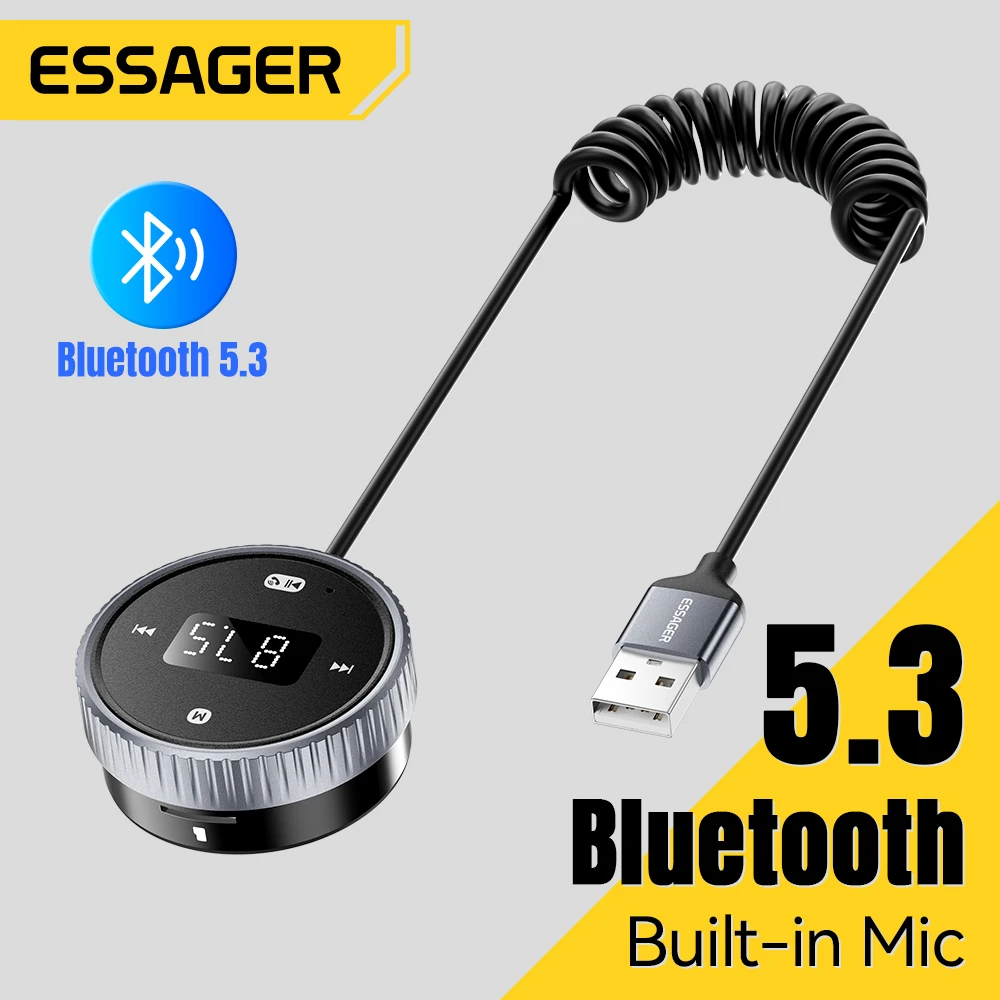 Essager Bluetooth 5,3 transmisor FM modulador 3,5mm AUX receptor de Audio pantalla LED USB manos libres altavoces de coche soporte tarjeta TF