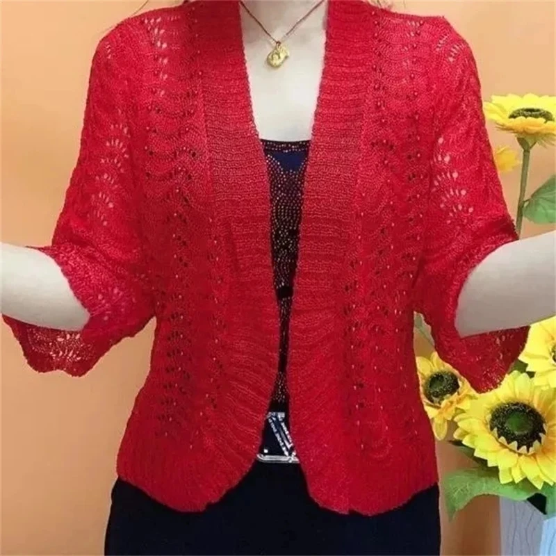 2023 Spring Summer New Ice Silk Knit Cardigan Women Coats Middle-Aged Mothers Solid Color Shawl Hollow Sunscreen Coat Female Top