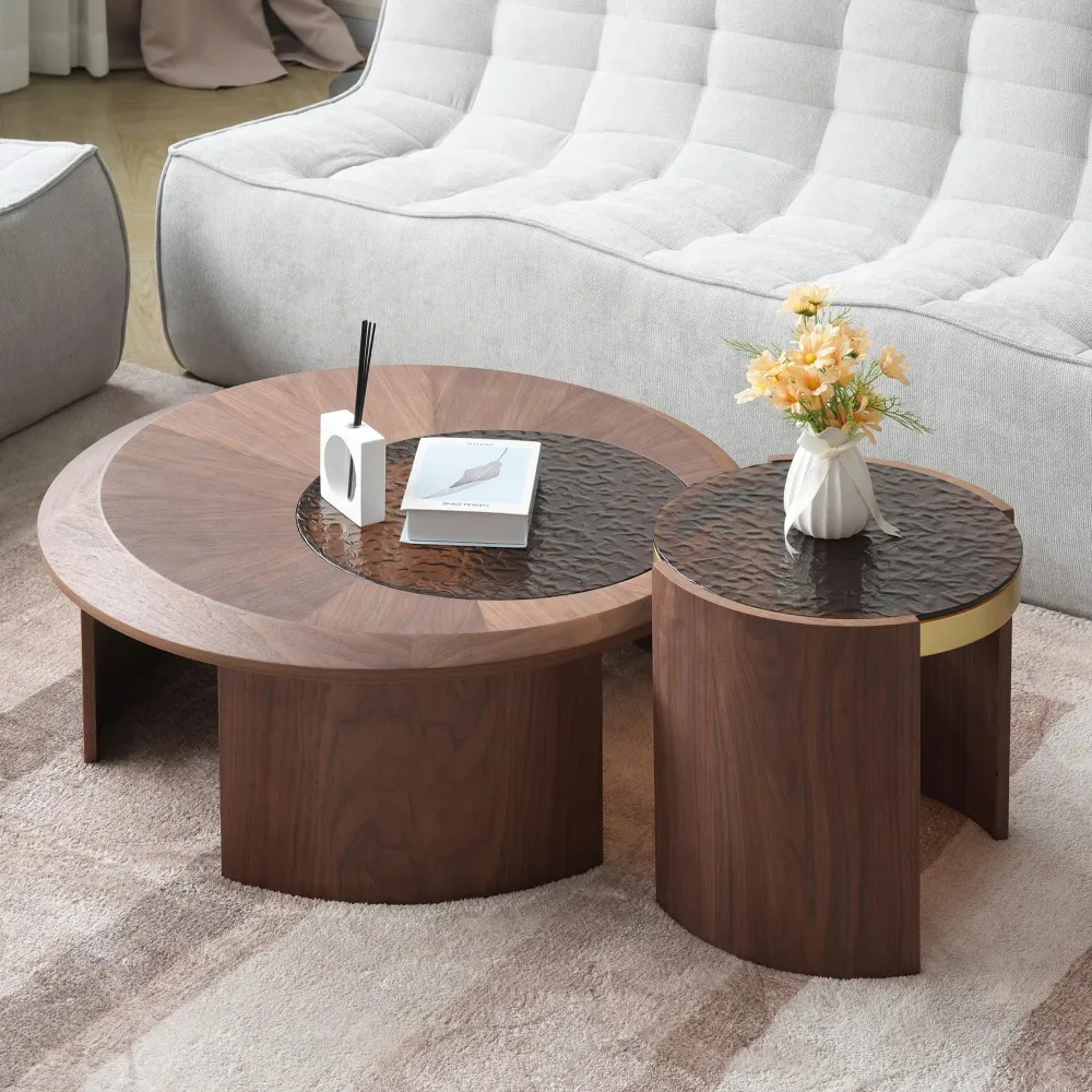 

Voxhome USA Modern Walnut Wood Tea Coffee Table Drop Shipping Black Creative Slate Round Living Room Furniture Wooden Panel