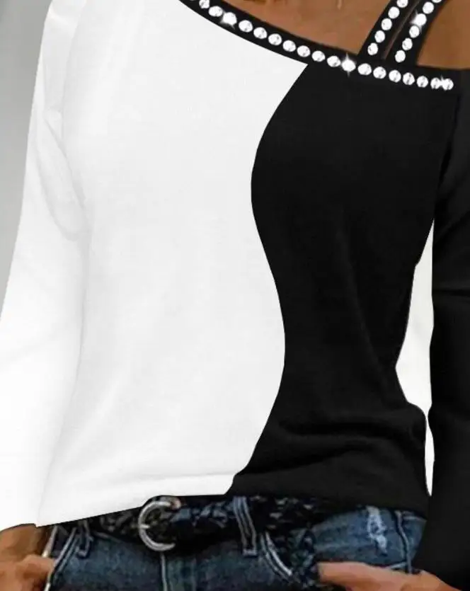 Tops Women 2022 Trendy Fashion Colorblock Rhinestone Cold Shoulder Top Casual Long Sleeve Tee All-Match Female T-shirt