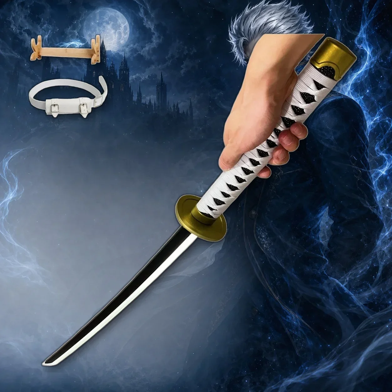 Set de Accesorios de Cosplay de Katana de Vergil de Devil May Cry de 40 Pulgadas, con Soporte Amarillo, Cinturón Blanco, de Plástico, Sin Afilar, para Exhibición y Fotografía, Regalo de Anime