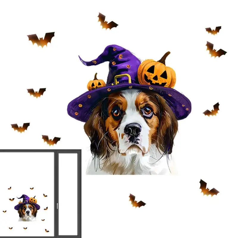ハロウィーンの壁の装飾,楽しい漫画,犬,コウモリ,帯電防止,紫色の帽子,ステッカー,両面可視性