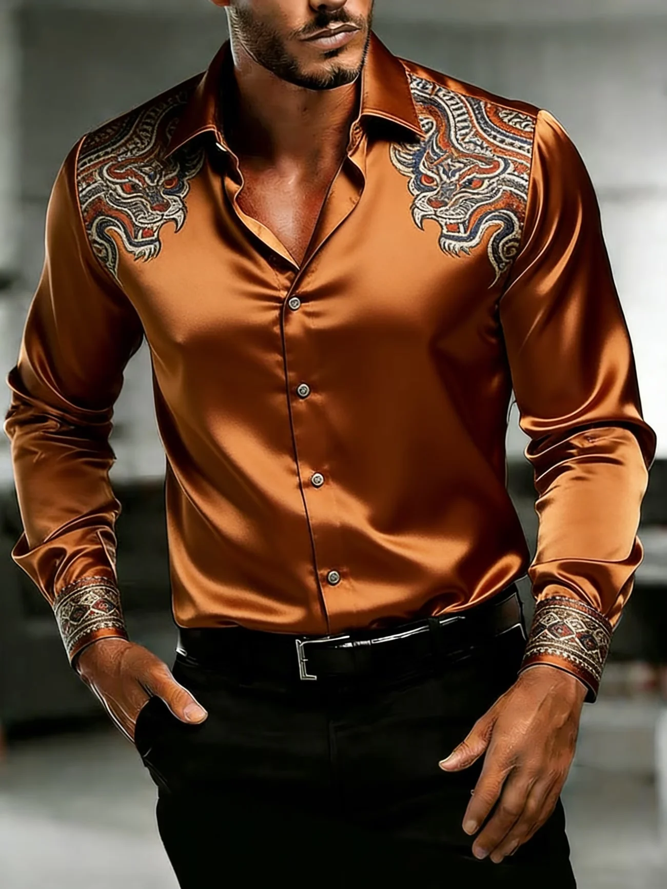 New Grid Palm Coconut Tree Contrasting Printed Long Sleeved Shirt Smooth Satin Lapel Men's Seaside Top