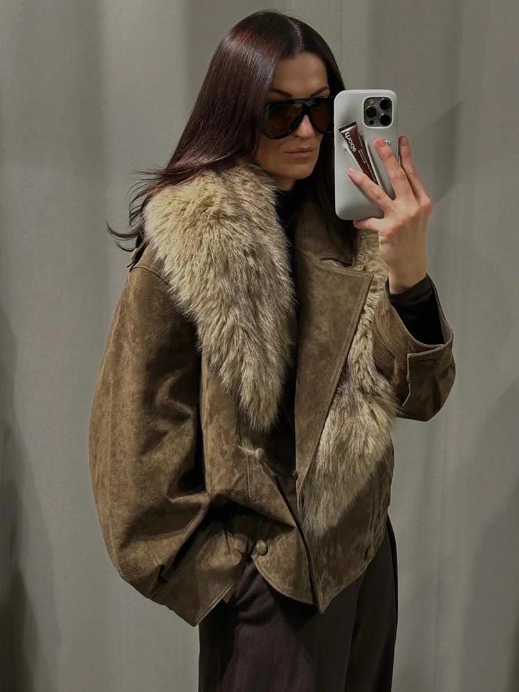 

HH Woman Winter Long Sleeves Double Breasted Pocket Artificial Fur Lapel Decoration Coat Female Leisure Suede Texture Solid Coat