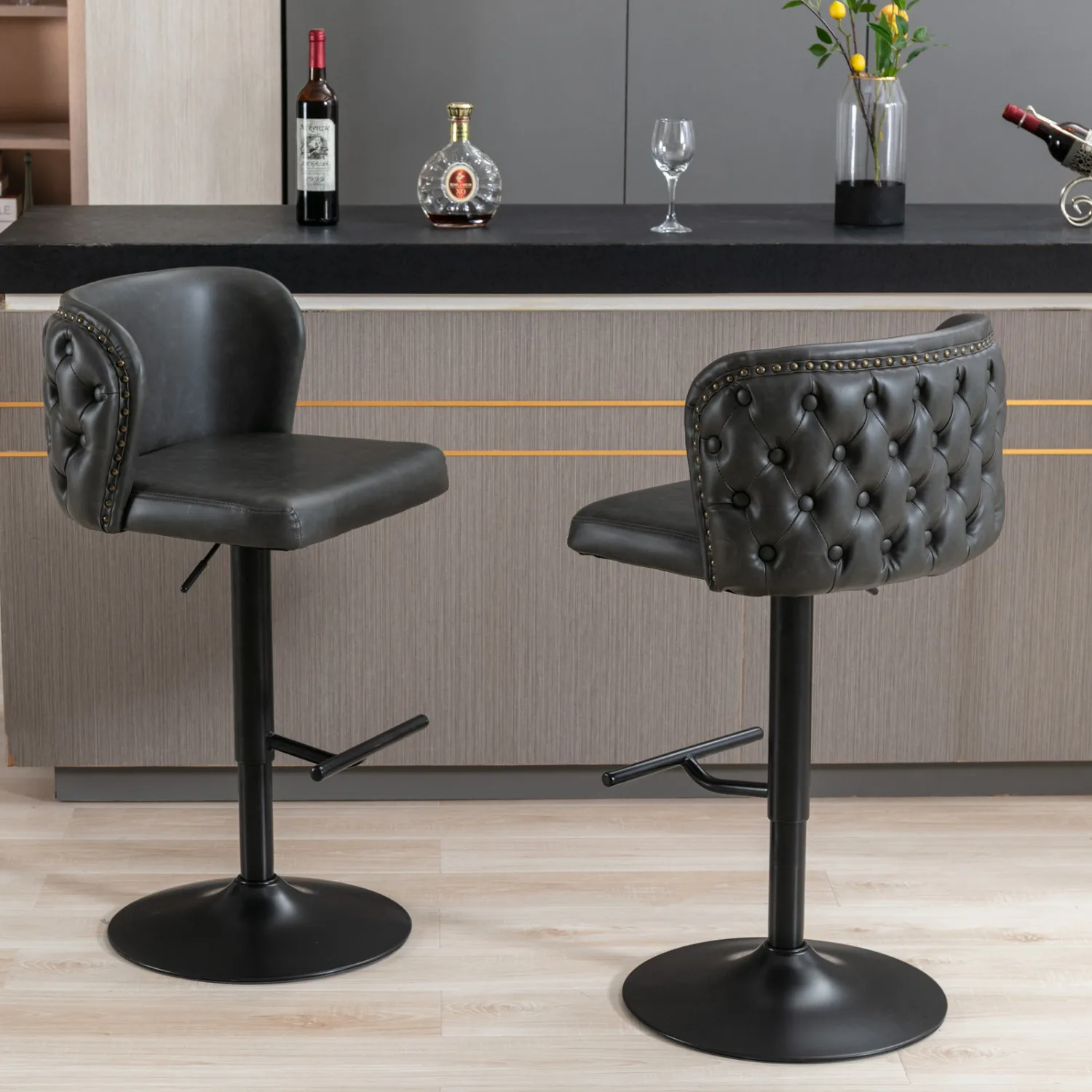 

A&A Furniture,Swivel Barstools Adjusatble Seat Height, Modern PU Upholstered Bar Stools with the whole Back Tufted, for Home Pub