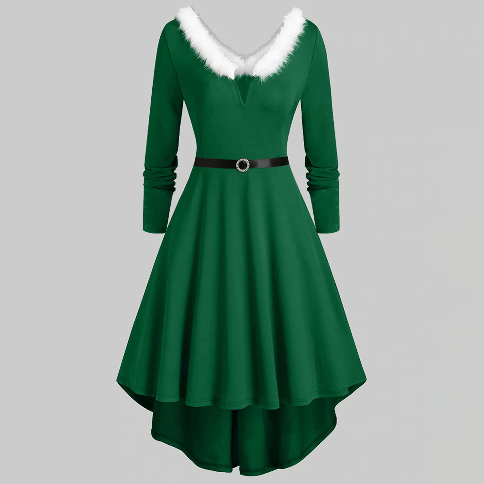 Vestido de Navidad para mujer, Panel de felpa sintética con cuello en V, vestido de fiesta de Navidad, vestido Irregular de manga larga de Año Nuevo, bata acampanada para mujer, Navidad