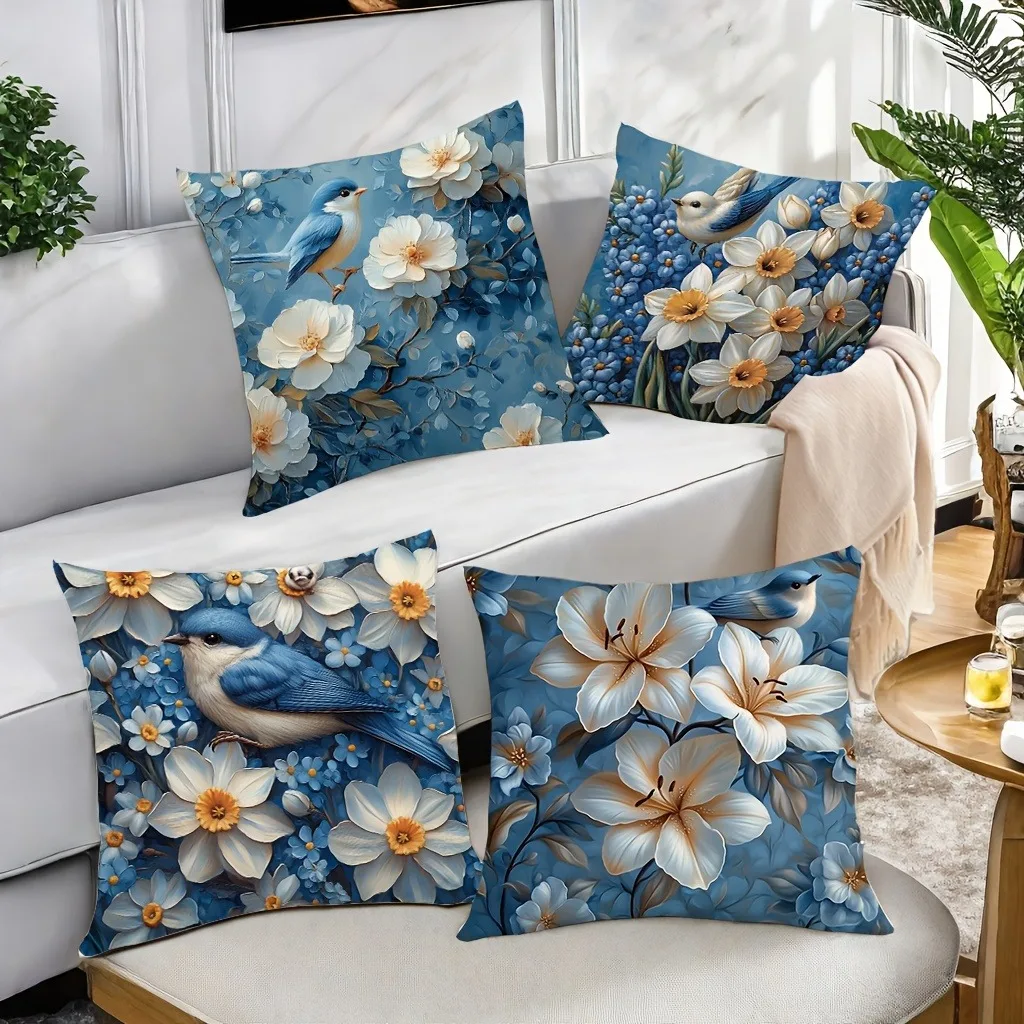 Blues Flowers and Birds Poetic Pattern Home Decor Pillowcase Living Room Sofa Polyester Cushion Cover with Zipper