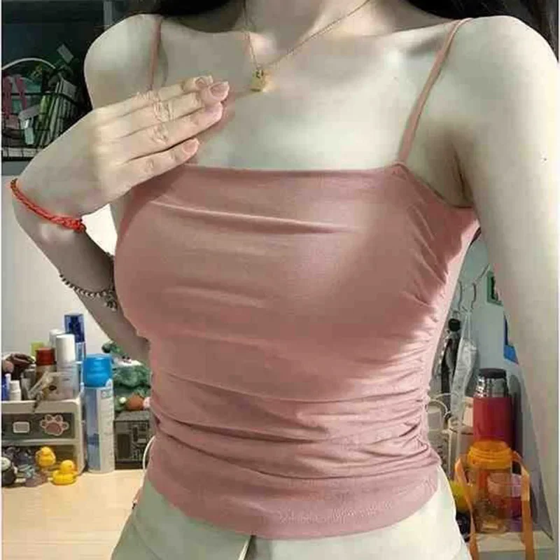 Waist Pleated Corset Sleeveless Vest - Sexy Short Top with Thin Straps Soft Support Fixed Chest Pad Solid Color WORLDKPI
