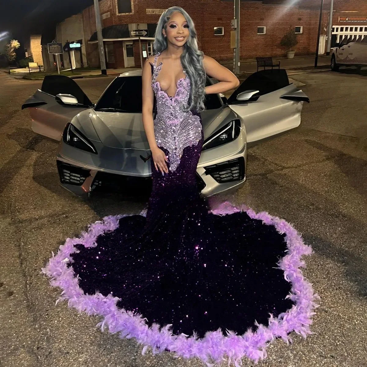 Sparkly Purple African American Long Prom Dresses For Black Girls Mermaid Sequins Feather Crystals Party Evening Gown Customized