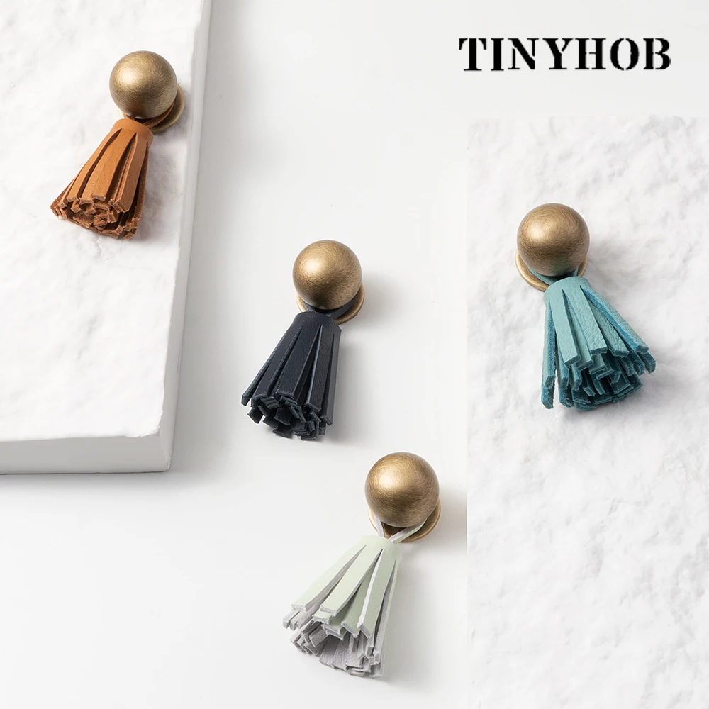 Kids Room Knob, Black Leather Tassel Drawer Pull, Cabinet Hardware for Wardrobe Dresser Kitchen Cupboard 12 Colors
