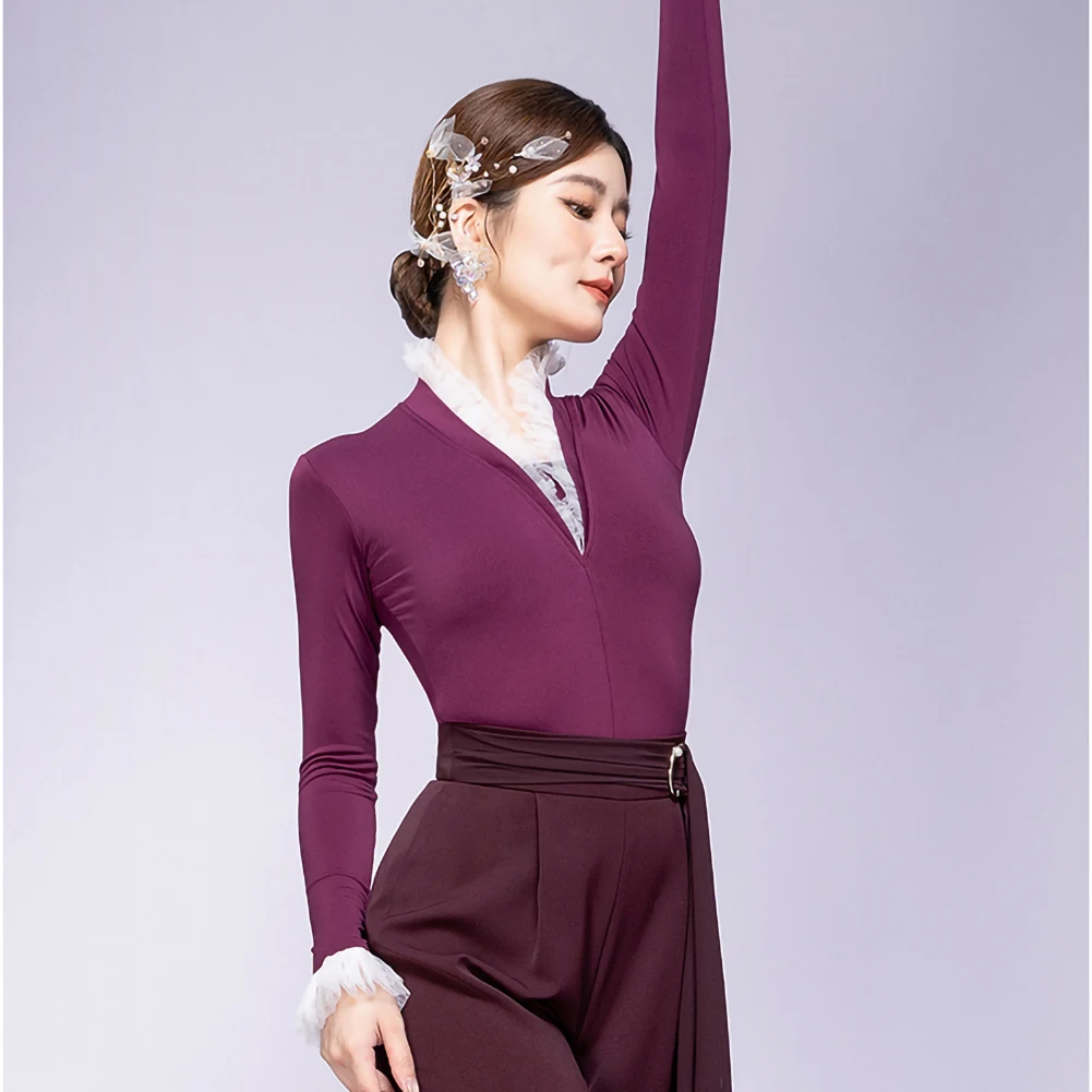 Black Cha Cha Dance Ball Top Slim-fit Slimming New Women's Top Long-sleeved Clothing New V-neck Practice Clothes