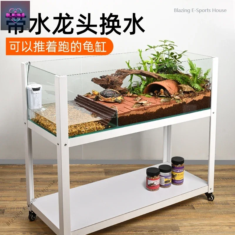 Yellow edge half water turtle glass tank aluminum alloy bracket movable turtle ecological landscaping special water tank