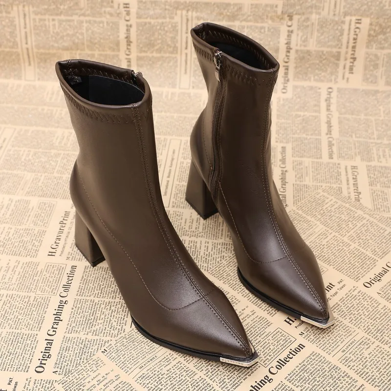 Autumn Winter Metal Pointed Toe Ankle Boots Women Zippers Block Heels Shoes Street Style Banquet Party Short Botas Mujer