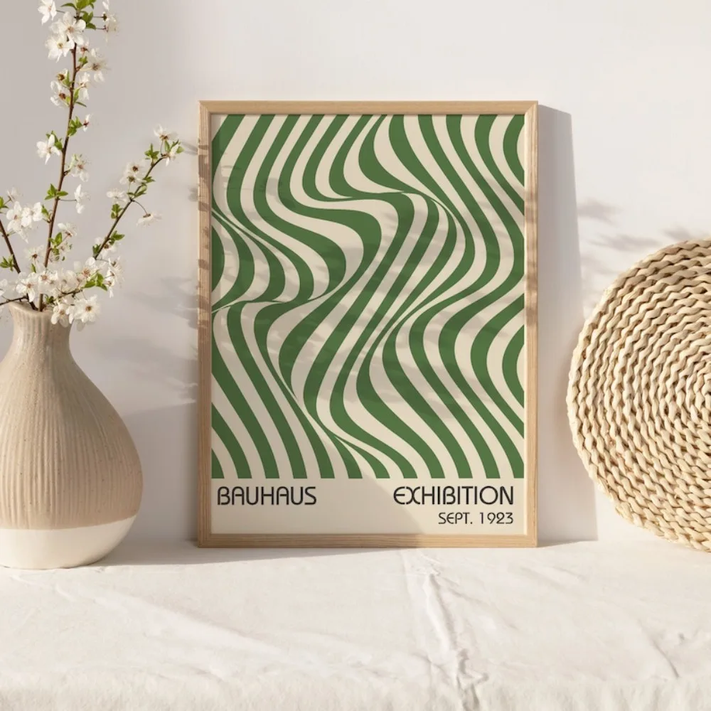 3 قطع من فن باوهاوس الأخضر بدون إطار، طباعة ريترو بسيطة، مجموعة ملصقات معرض باوهاوس، ديكور جدار هندسي حديث #4