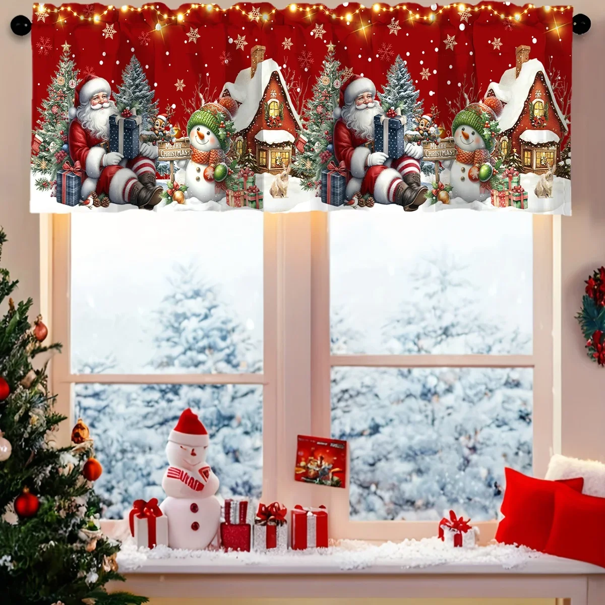 VIKAMA Weihnachtsvorhang, kurzes Banner, Stange, Tasche, Fensterbehandlung, Zuhause, Weihnachtsdekoration, für den Innenbereich, festliches dekoratives Banner
