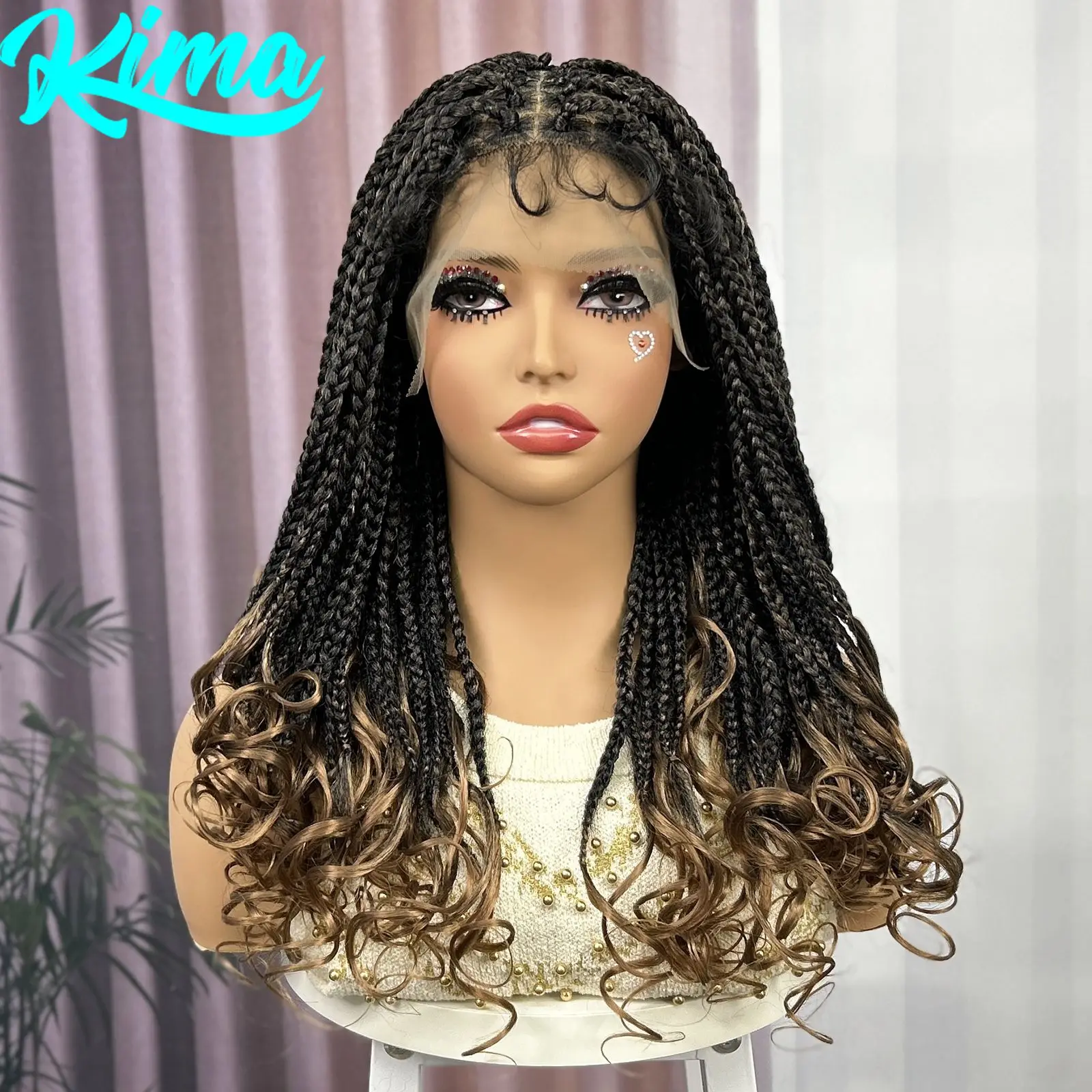 Ombre Synthetic Lace Front Square Knotless Box Braided Wig with Wavy Ends Lace Frontal Braids Wig with Baby Hair for Black Women