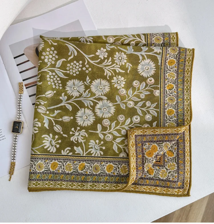 

70% Wool 30% Silk Neck Warmer Vintage Floral Print Head Handkerchief for Women Autumn Winter Elegant Luxury Designer Scarf