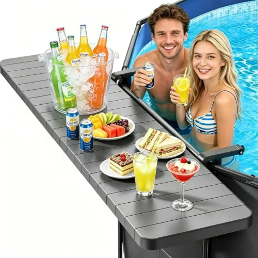 Poolside Bar Table for Above Ground Pool, Dark Gray Weather-Resistant Polyethylene, Holds 110 lbs, Easy-Clean Hanging Swim-Up D