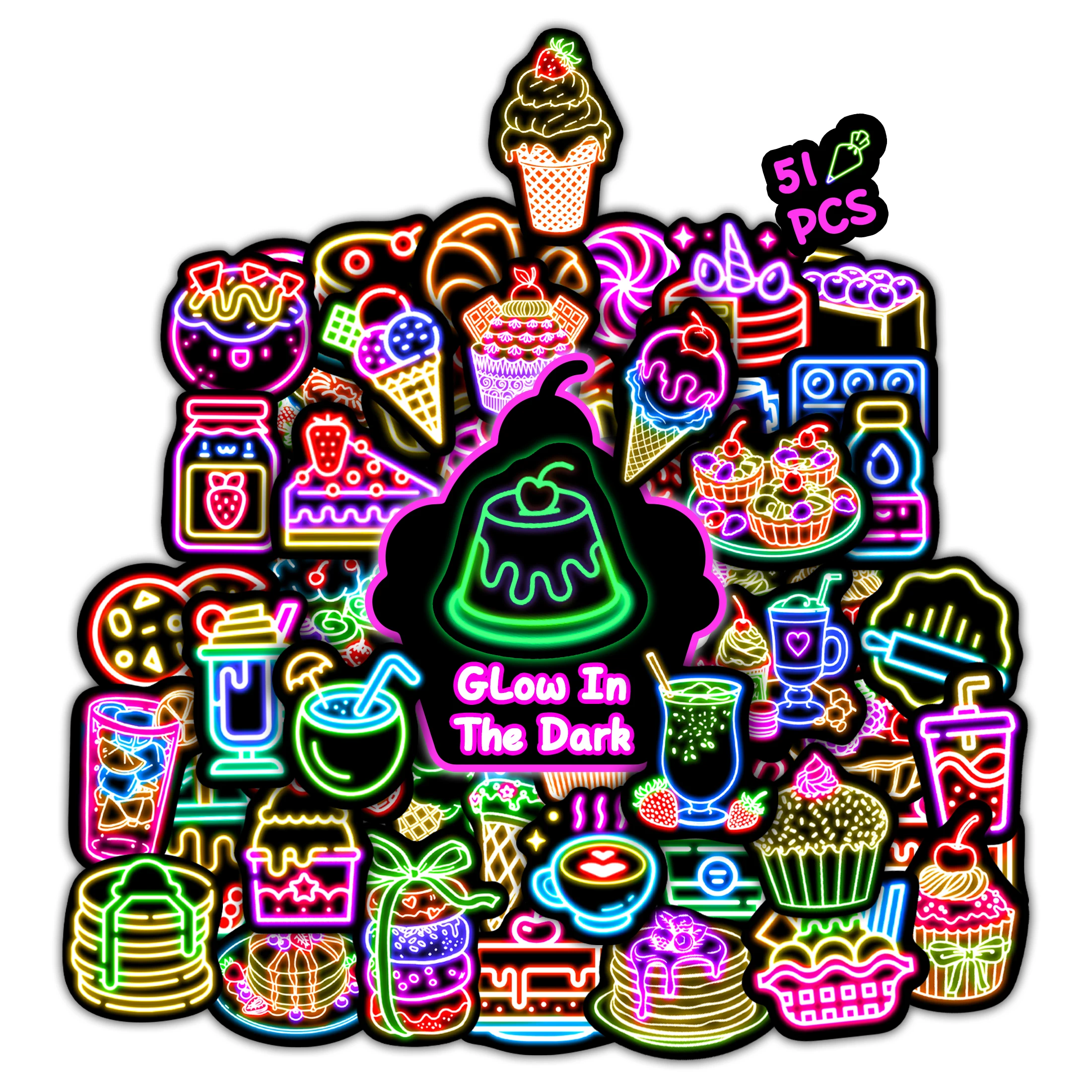 50Pcs Neon Desserts Glow in the Dark Stickers Waterproof Vinyl Decals Phone Case Skateboard Book Decoration for Kids DIY Gifts