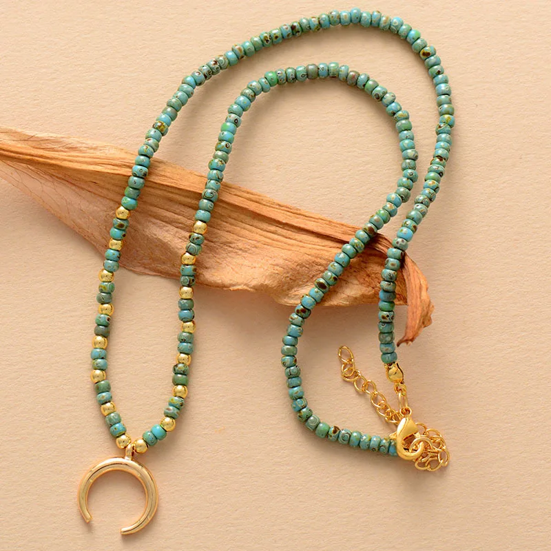 

Moon Pendant Natural Stone Rice Bead Necklace