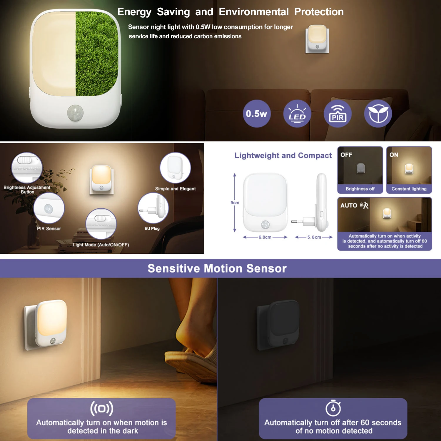 1pc/2pcs/4pcs/10pcs Smart LED Night Light with Sensor, Adjustable Brightness, Motion Sensor Night Light, Warm White