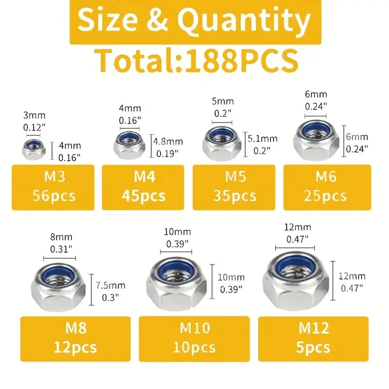 188 PCS 304 Stainless Steel Lock Nut Classification Cross border Kit Metric Nylon Insertion Lock Nut M3-12