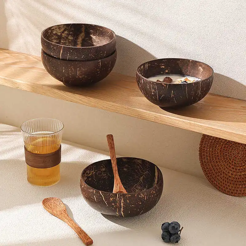 D5 Natural Coconut Bowl Set Salad Smoothie Bowls Wooden Ramen Bowl Coconut Spoon Coco Smoothie Kitchen Tableware Coconut Bowl