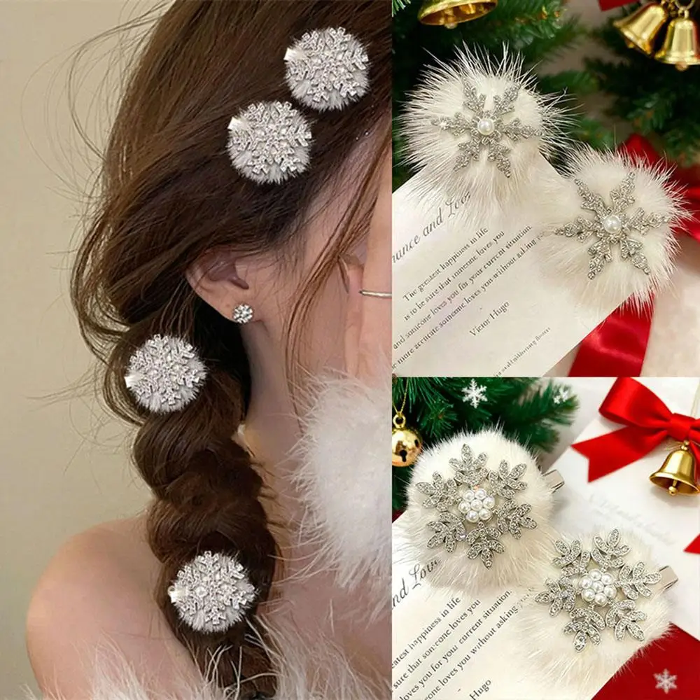 

2pcs/set Snowflakes Hairpins Plush Hair Clip Exquisite Rhinestone Hair Barrettes Snowflake Sweet Silver Pearl Simple Hair Clips