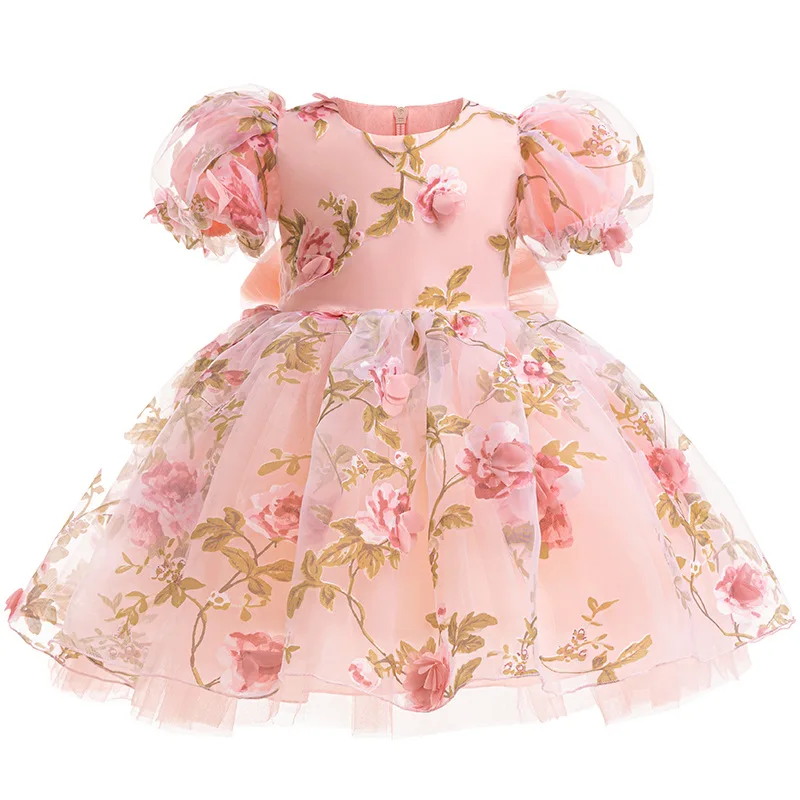 0-6th Birthday Party Girl Princess Dress Rose Embroidered Bubble Sleeves Christmas Children\'s Party Elegant Evening Dress