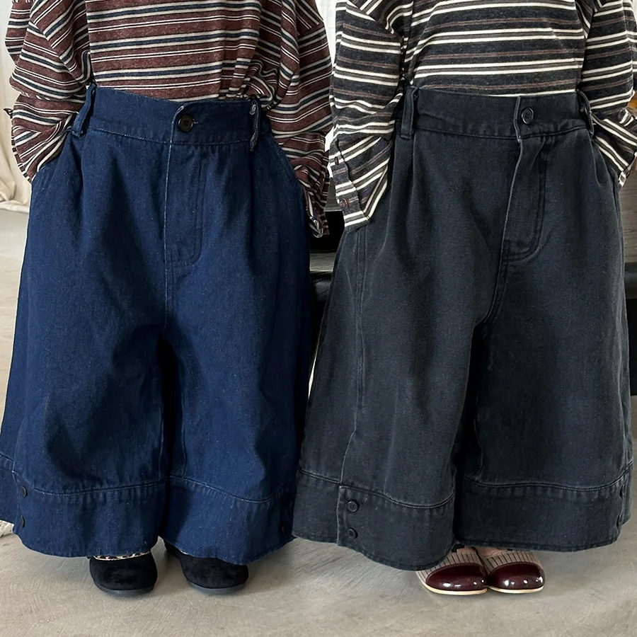 

Childrens Spring Autumn Wide-leg Pants 2025 New Korean Fashionable Boys Girls Solid Color Casual Daily Long Loose Denim Pants
