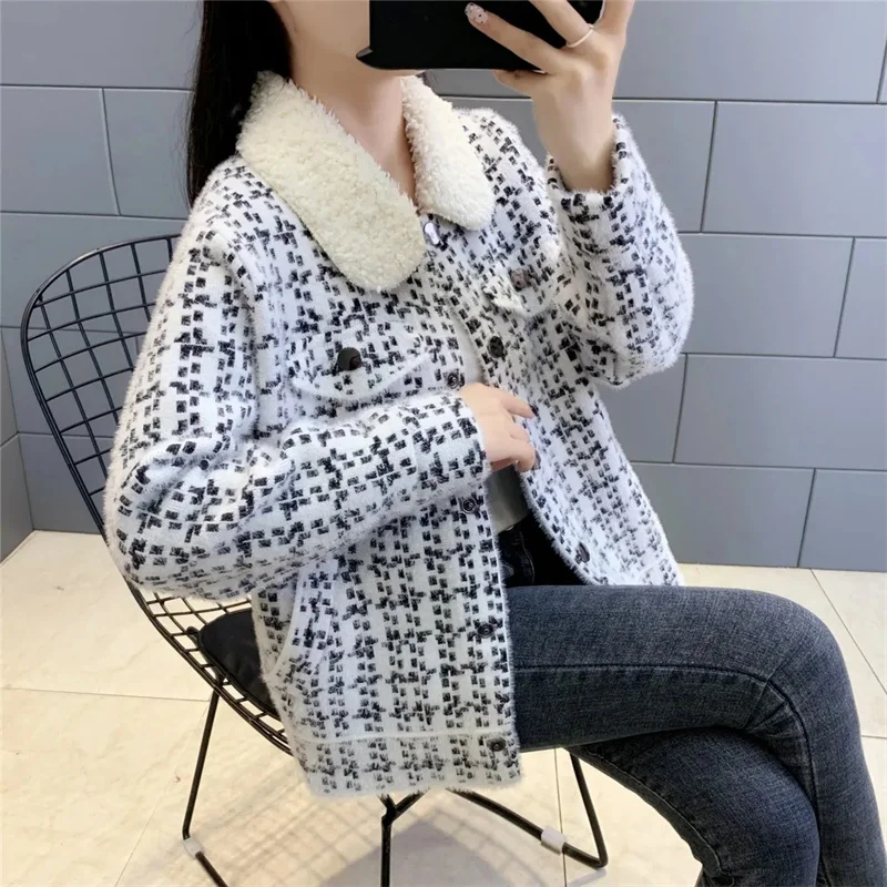 

Mink-Like Short Coat Woman 2023 Autumn New Style Korean Jacket Fashion Joker Jacquard Outerwear Fur Collar Short Overcoat Female