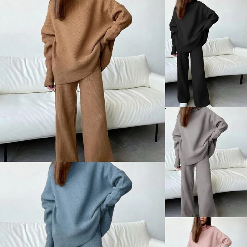 Jocoo Jolee Women Knitted Suit Soft Turtleneck Long Sleeve Sweater Wide Leg Pants Commuter 2 Pieces Sets Autumn Winter Homewear