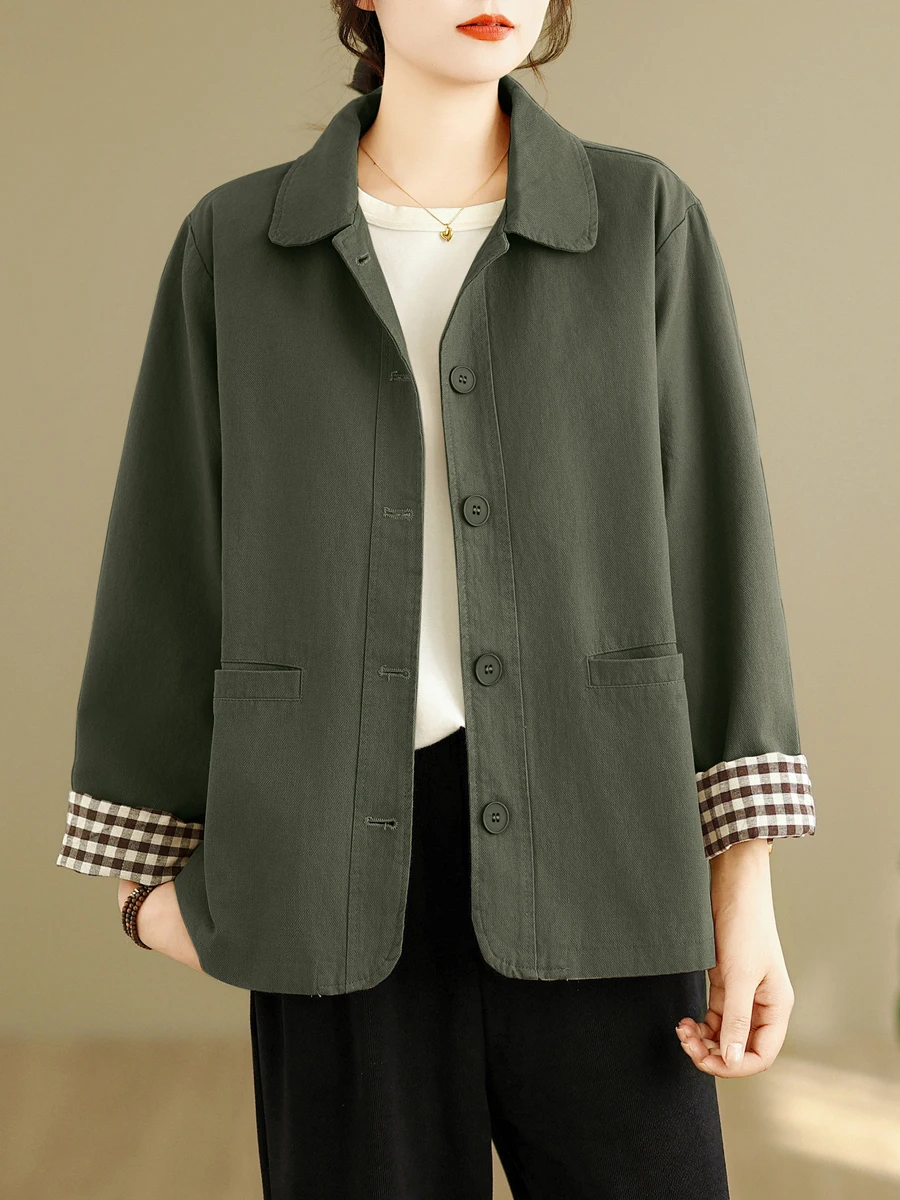 

plus Size Women's Casual Faionable Collared Jaet Spring Autumn New Sle Vintage Loose Fit Versatile Organic Cotton Coat