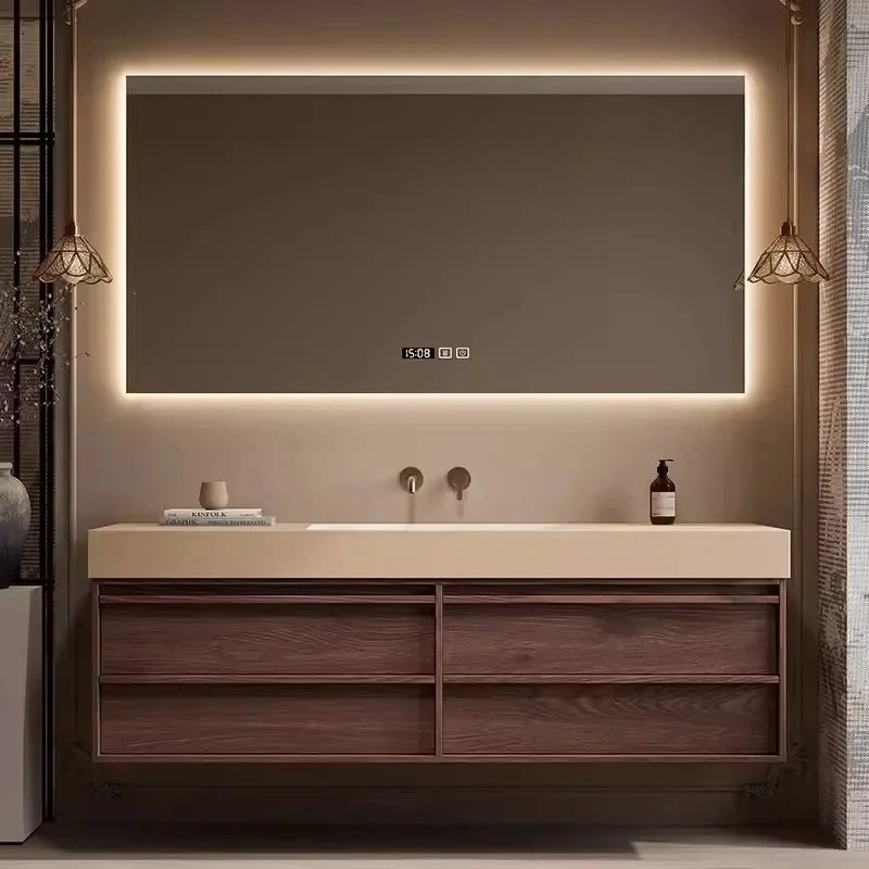 

Шкаф для ванной комнаты в средневековом стиле, каменная плита, бесшовная керамическая встроенная комбинация умывальника, умывальник из красного дуба