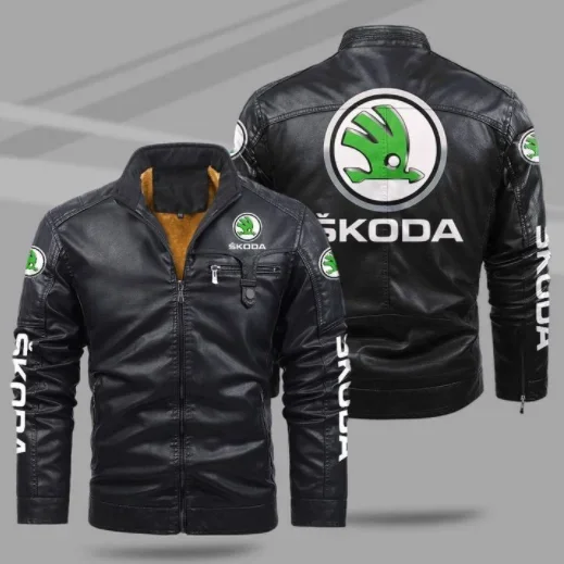 

SKODA Car Logo motorcycle PU Leather Jacket Patchwork Biker Jackets Casual Zipper Coat Male Motorcycle Jacket Outwear Coat