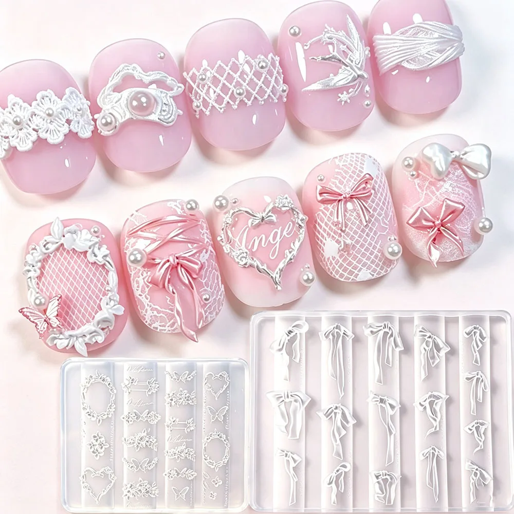 1pc Nail Silicone Mold 3D Flower Wreath Heart Frame Butterfly Bowknot Reusable Soft Nail Carving Mold UV Gel DIY Manicure Tools